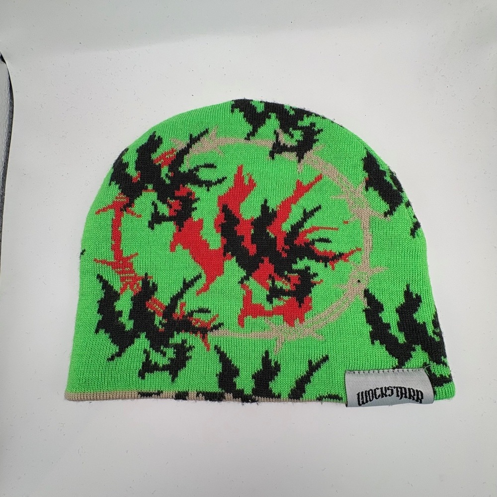 WOCkSTARR KNITTED BEANIE HAT GREEN BLACK RED CAMO GRAPHIC Ripndip‎ Snowboarding